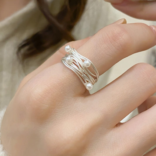 Irregular Multi-Layer Open-End Pearl Ring for Women, Modern Artistic Jewelry
