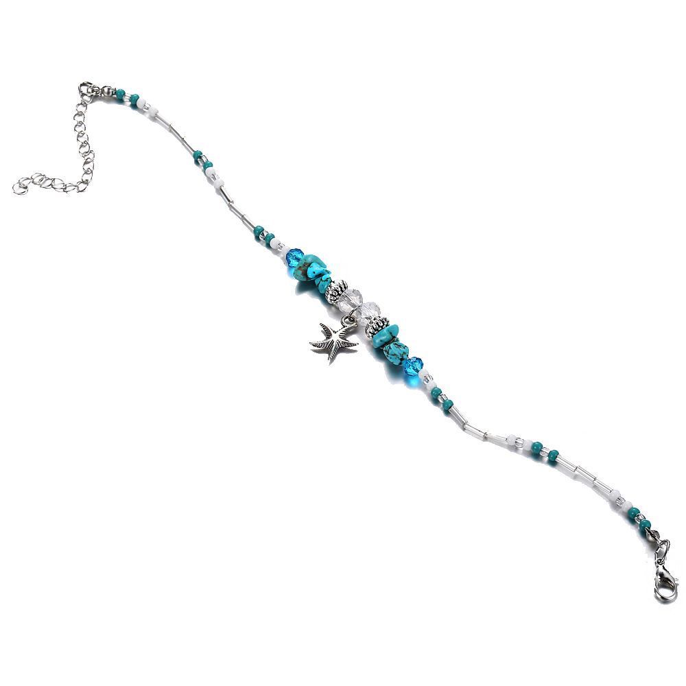 Starfish Pendant Anklet with Hand-Woven Rice Beads – White K Finish