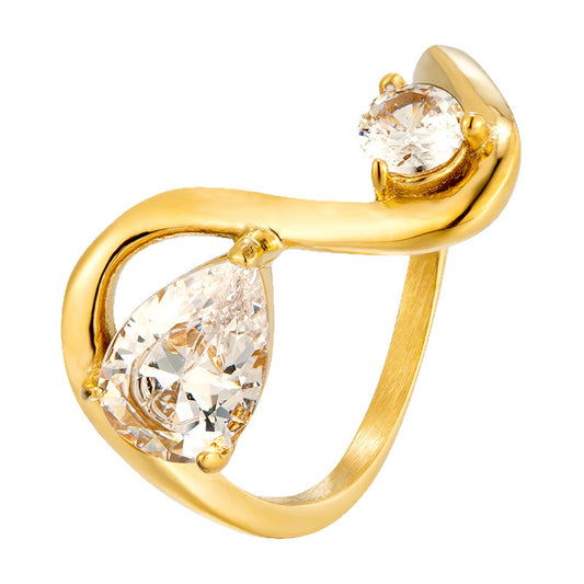 Curved Geometric Line Stainless Steel Zircon Ring for Women – Modern Drop Design