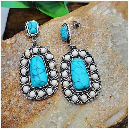 925 Antique Silver Turquoise Earrings with Natural Stone Inlay