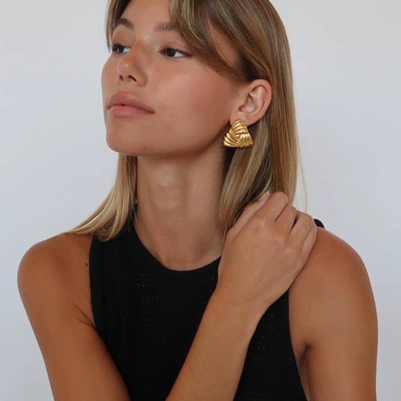 Golden Feather Pleated Triangle Earrings for Women