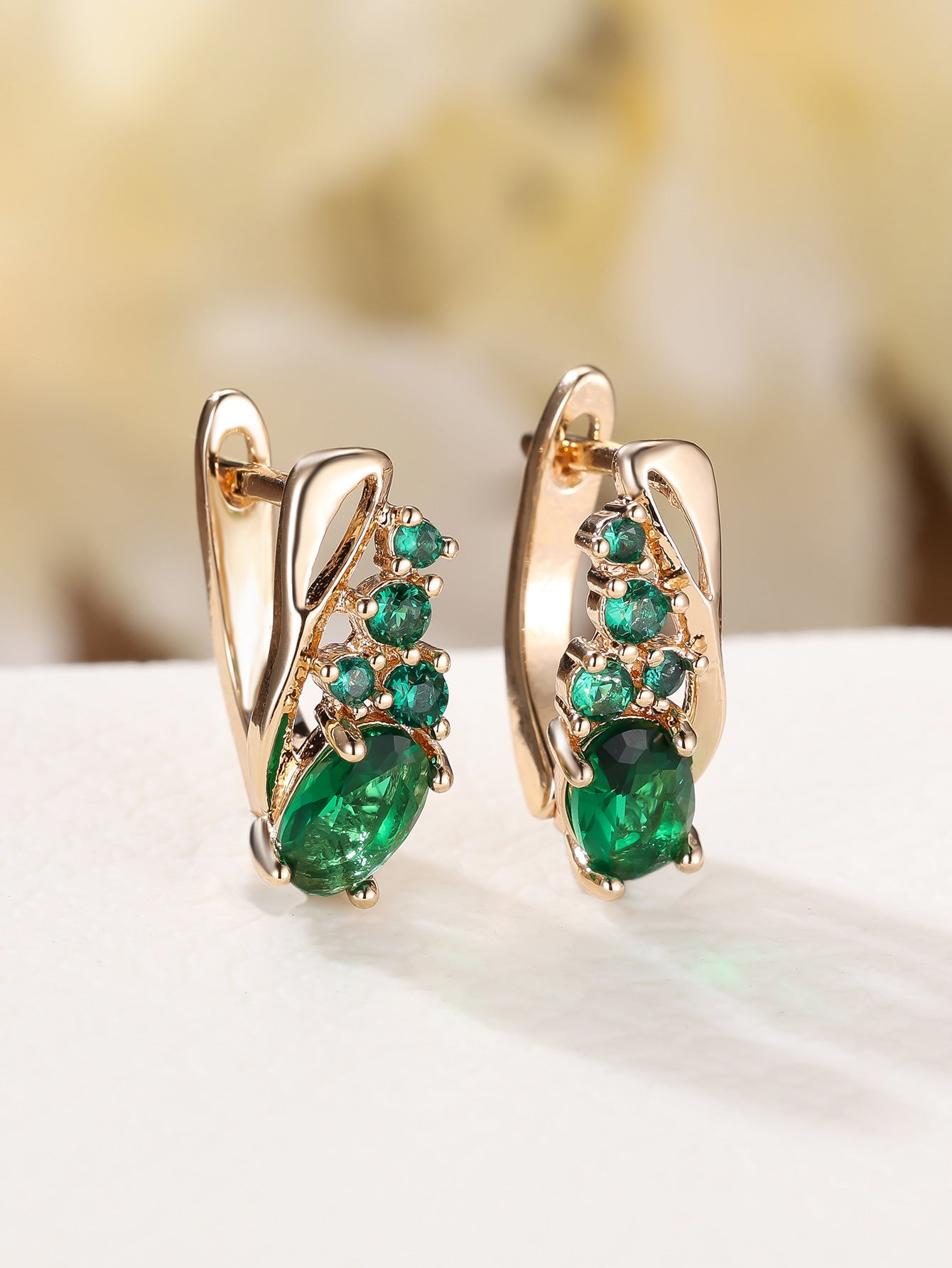 Champagne Gold Oval Crystal Earrings with Four Small Round Diamonds