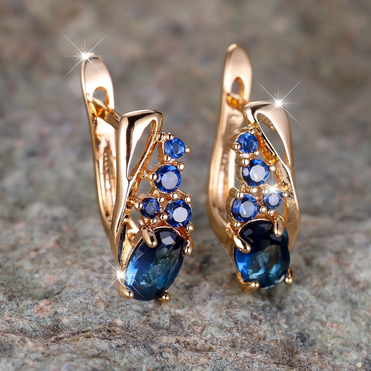Champagne Gold Oval Crystal Earrings with Four Small Round Diamonds