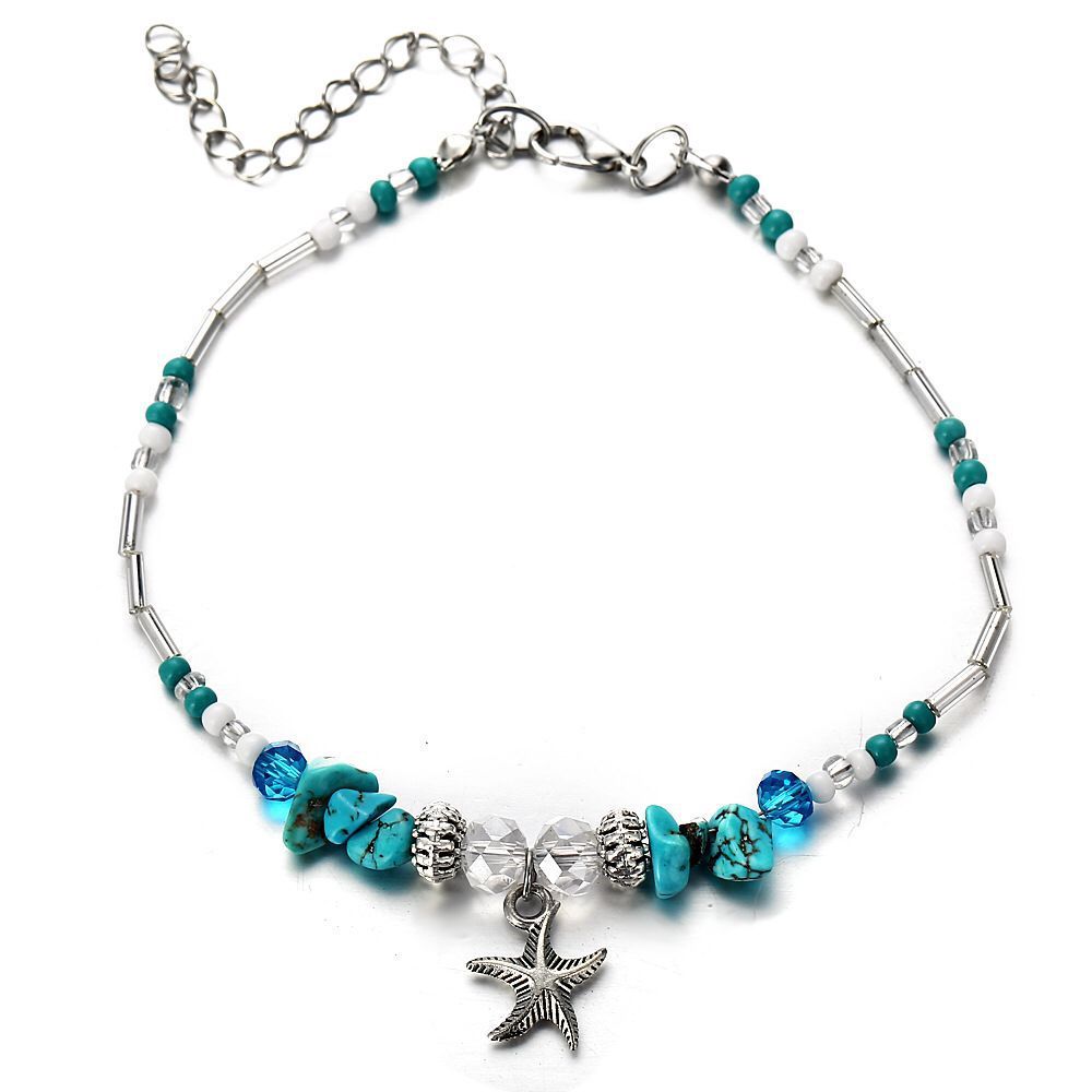 Starfish Pendant Anklet with Hand-Woven Rice Beads – White K Finish