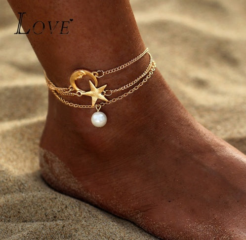 Bohemian Crystal Bead Anklet Set with Moon Pendant and Turquoise Accents