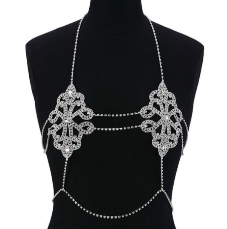 Geometric Crystal Chest Body Chain – Sexy Rhinestone Bikini Jewelry for Women