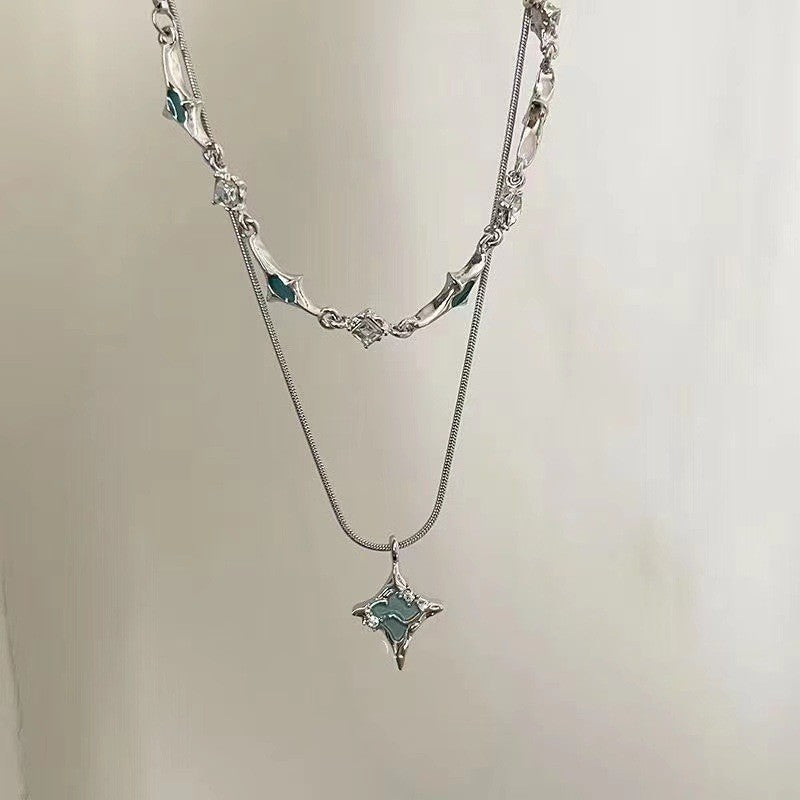 Double-Layer Blue Eight-Pointed Star Chain Necklace