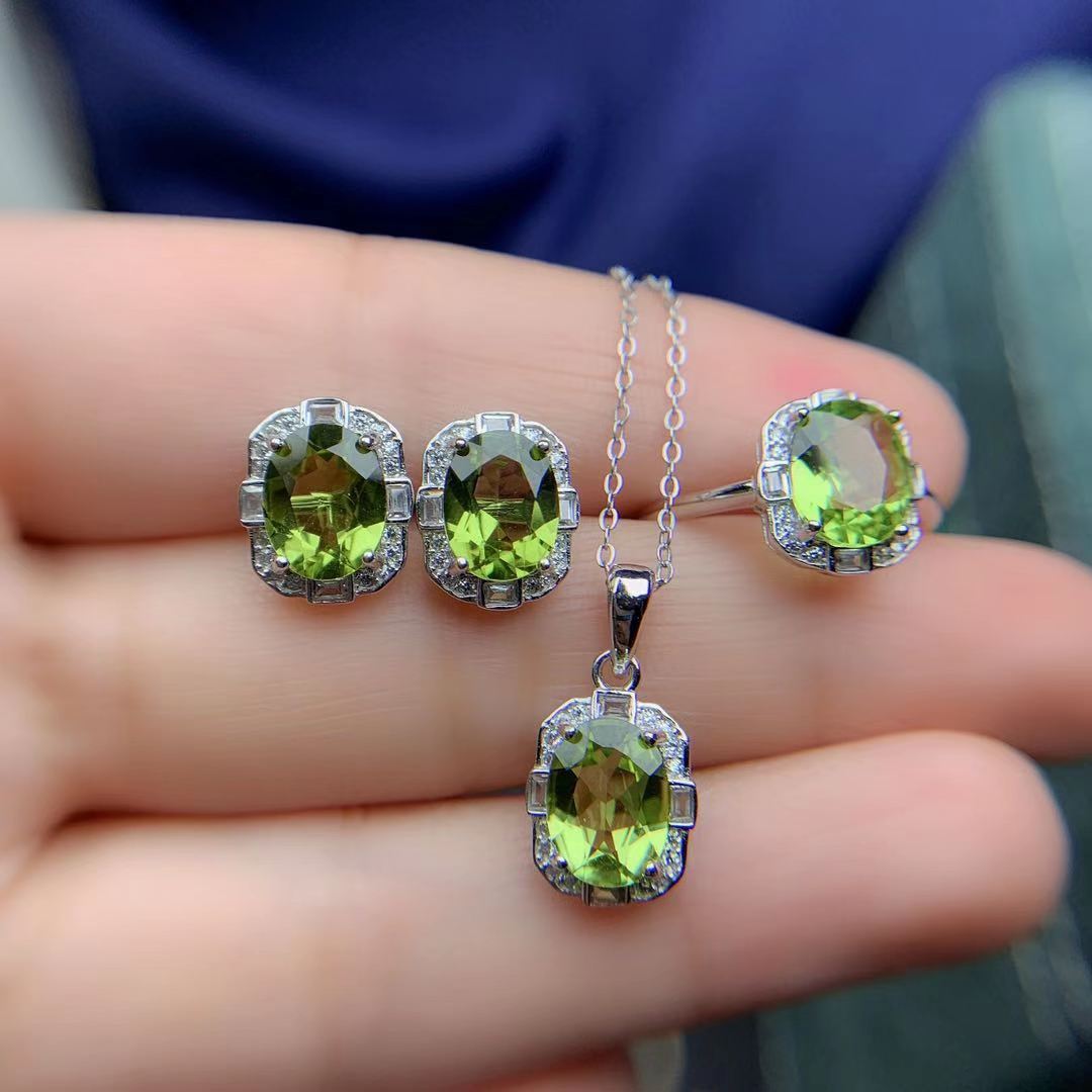 Natural Olivine Jewelry Set – 925 Silver Adjustable Ring, Pendant & Stud Earrings