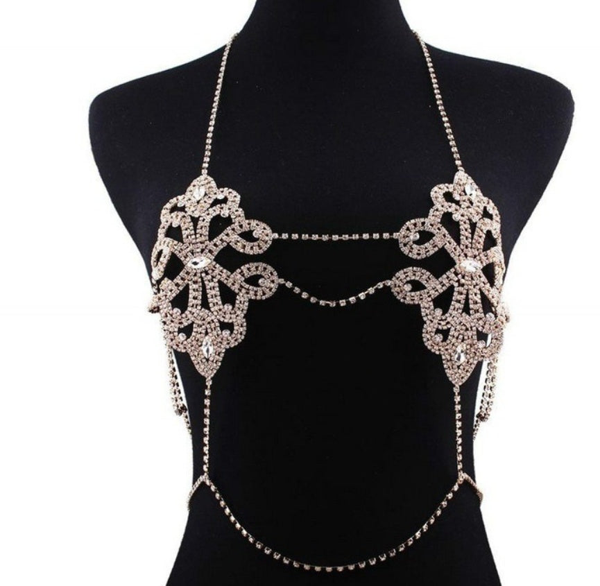 Geometric Crystal Chest Body Chain – Sexy Rhinestone Bikini Jewelry for Women
