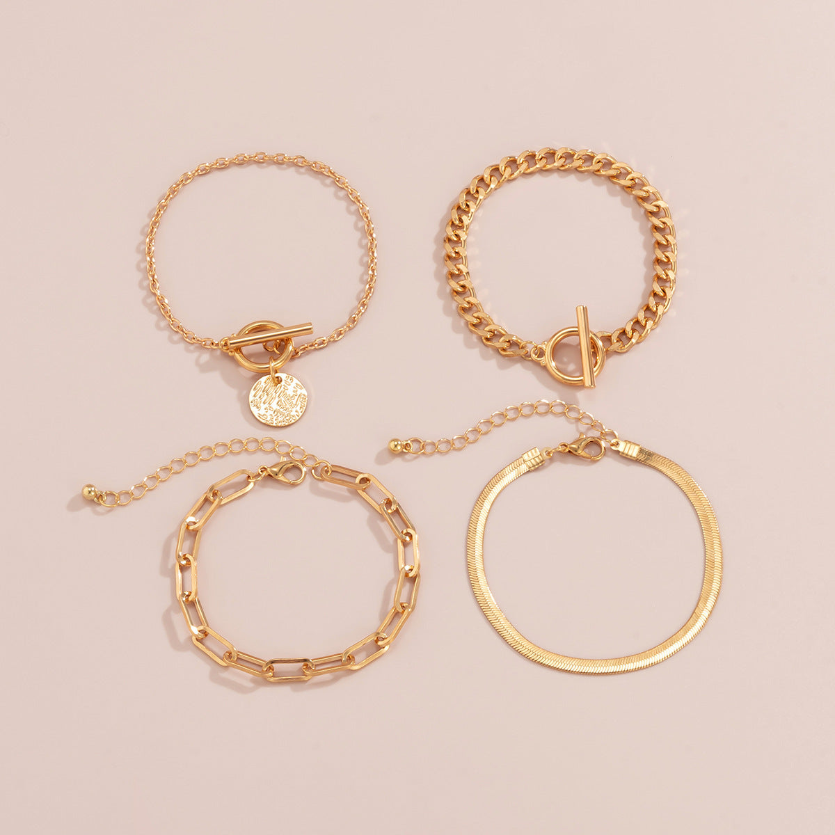 Punk Metal Chain 4-Piece Bracelet Set — Geometric Snake Bone Cuffs