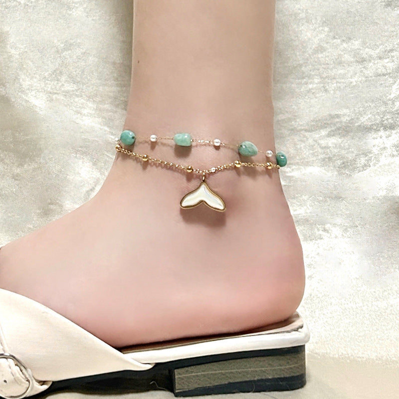 Blue Natural Stone Titanium Steel Anklet – Bohemian Style for Women