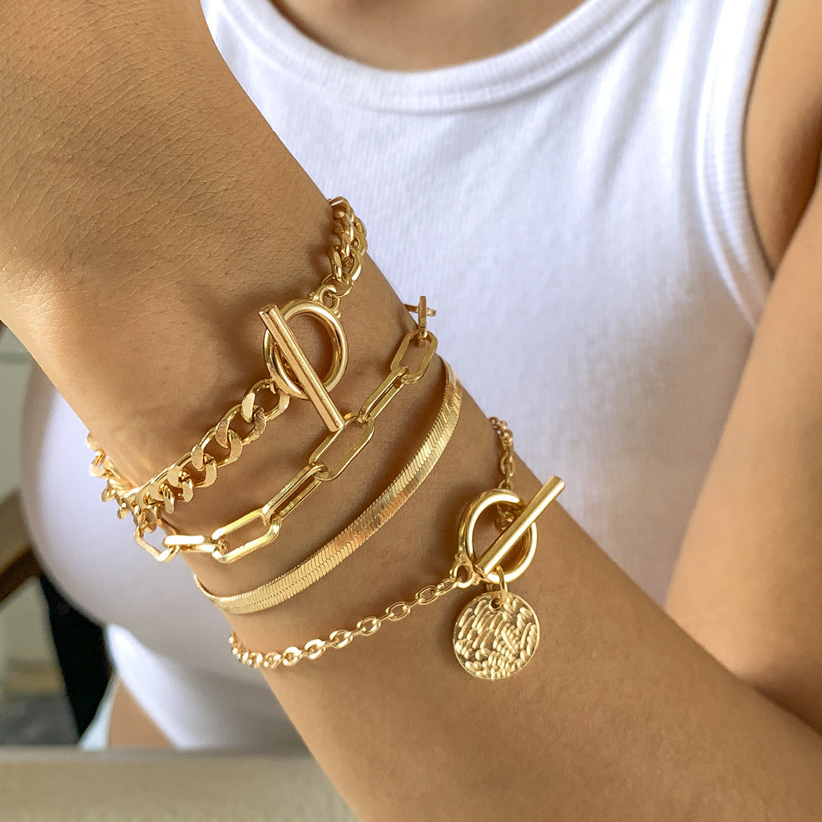 Punk Metal Chain 4-Piece Bracelet Set — Geometric Snake Bone Cuffs