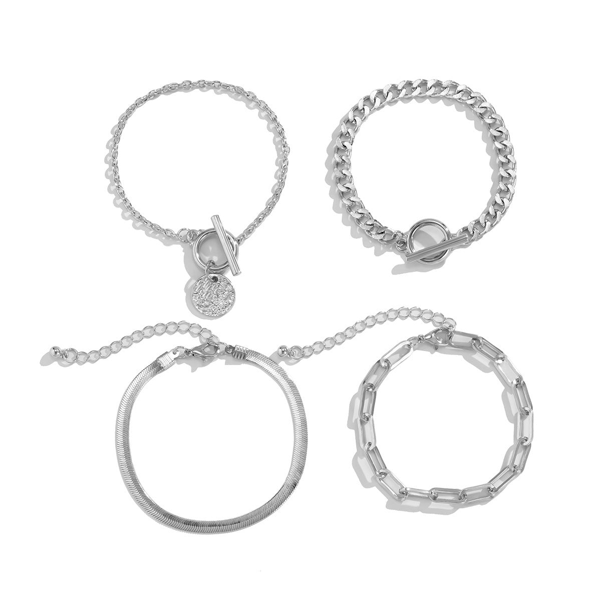 Punk Metal Chain 4-Piece Bracelet Set — Geometric Snake Bone Cuffs
