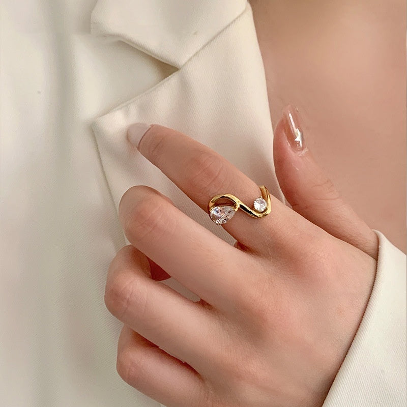 Curved Geometric Line Stainless Steel Zircon Ring for Women – Modern Drop Design