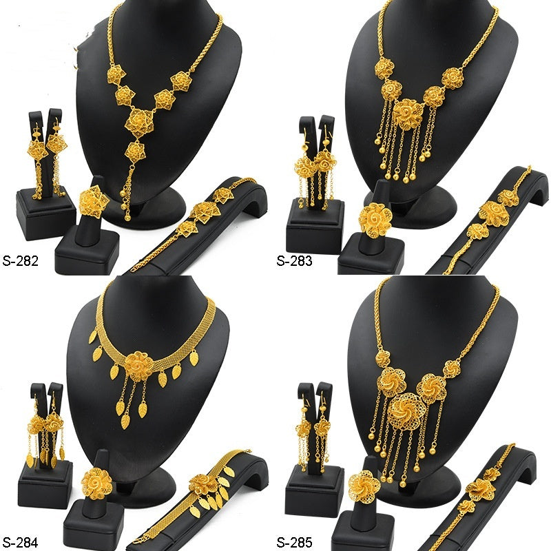 Floral Jewelry Set — Gold-Plated Necklace, Earrings, Ring & Bracelet