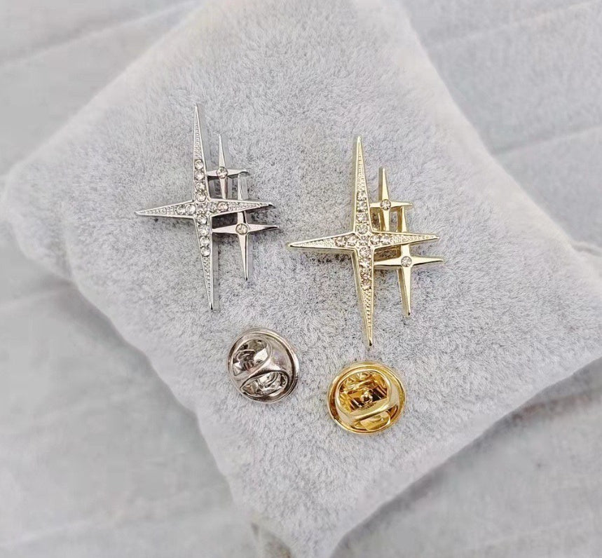 Retro Star Crystal Brooch – Elegant European-Style Collar Pin for Women