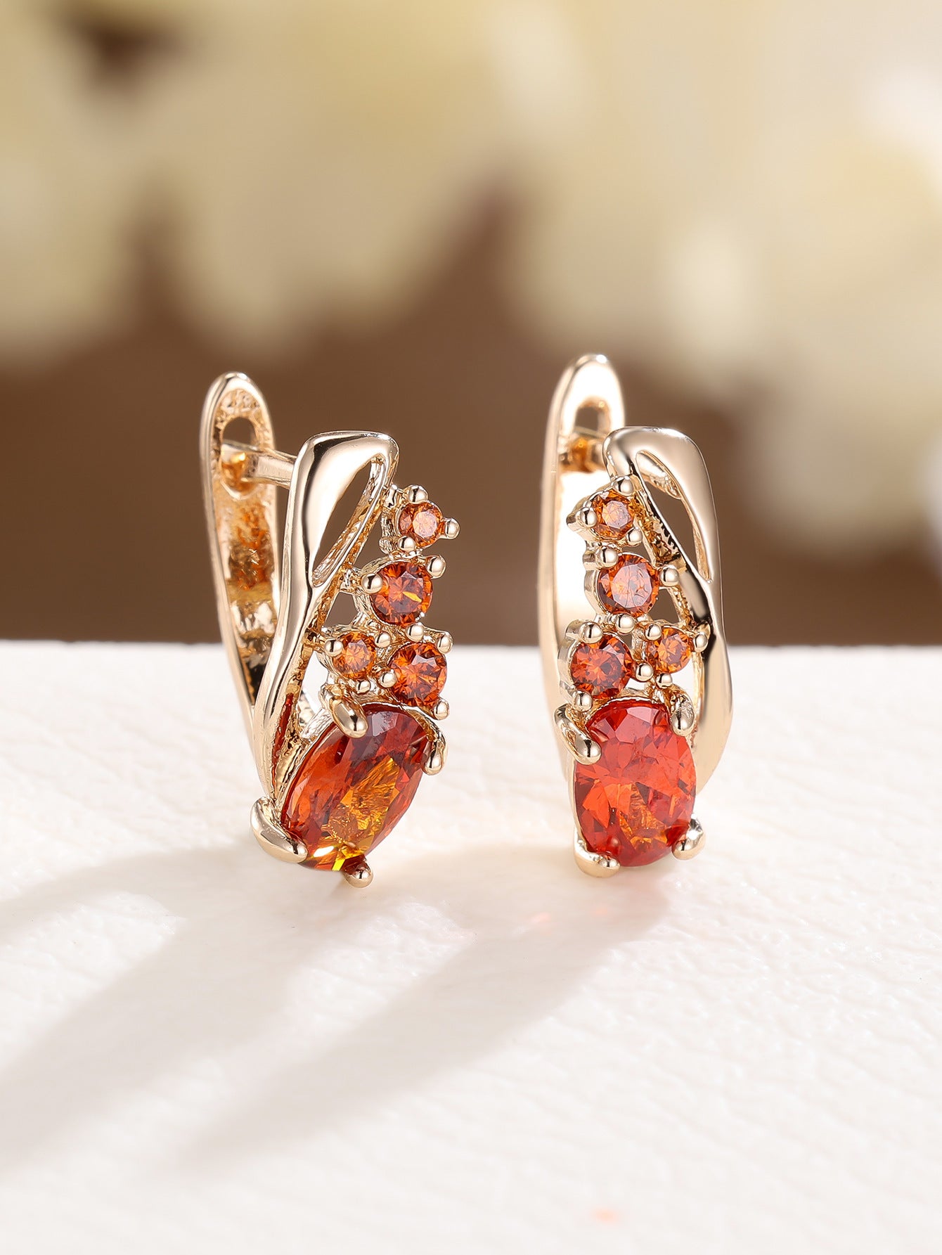 Champagne Gold Oval Crystal Earrings with Four Small Round Diamonds