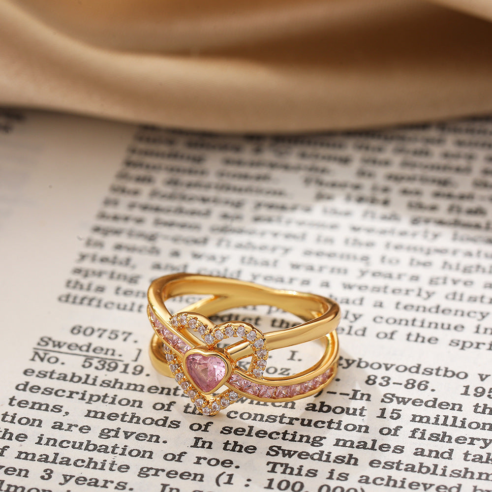 18K Gold Heart Zircon Ring — Cross Border Style