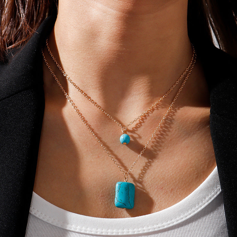 Turquoise Double-Layer Cylindrical Pendant Necklace