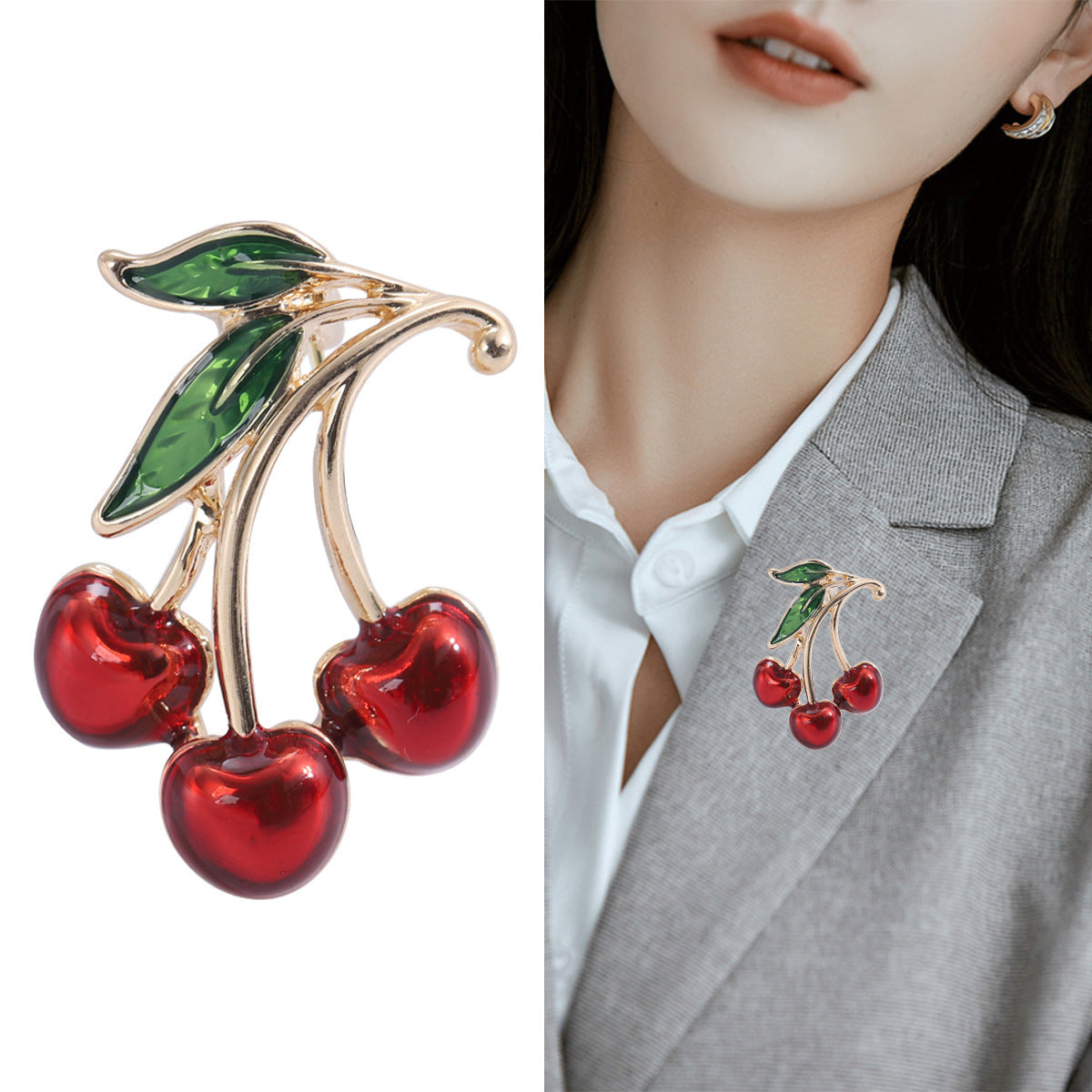 Red Cherry Drip-Enamel Brooch – Playful and Chic Fruit Accent