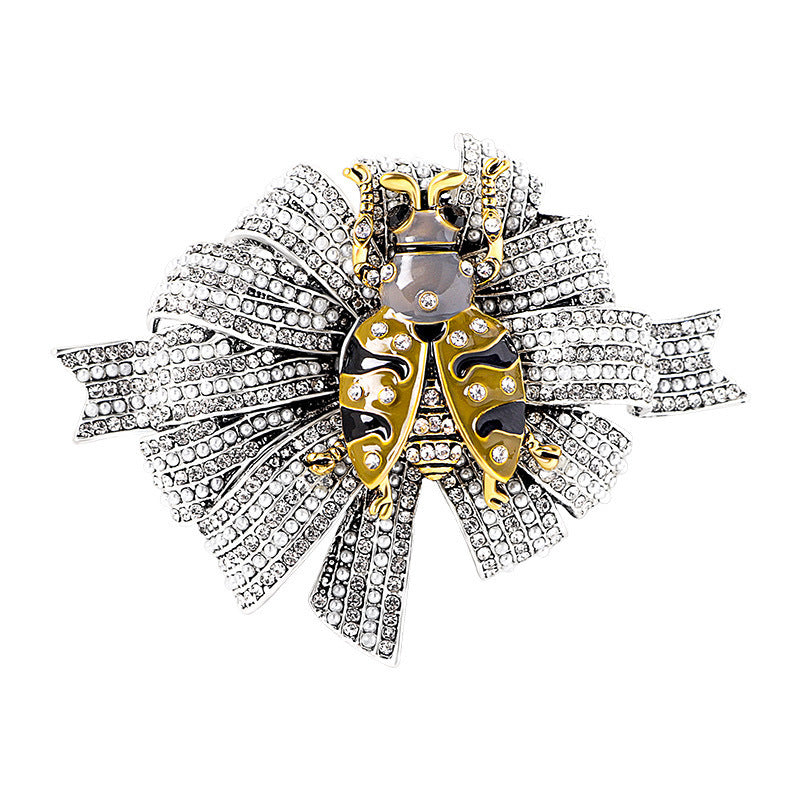 Vintage Ladybug Flower Brooch – Pearl & Diamond Accents in Antique Alloy