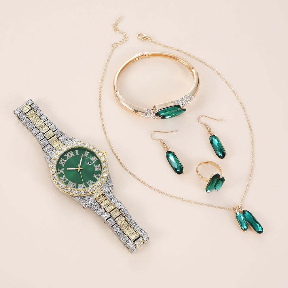 Green Steel Belt Quartz Watch, Ring, Necklace, and Earrings, Suit