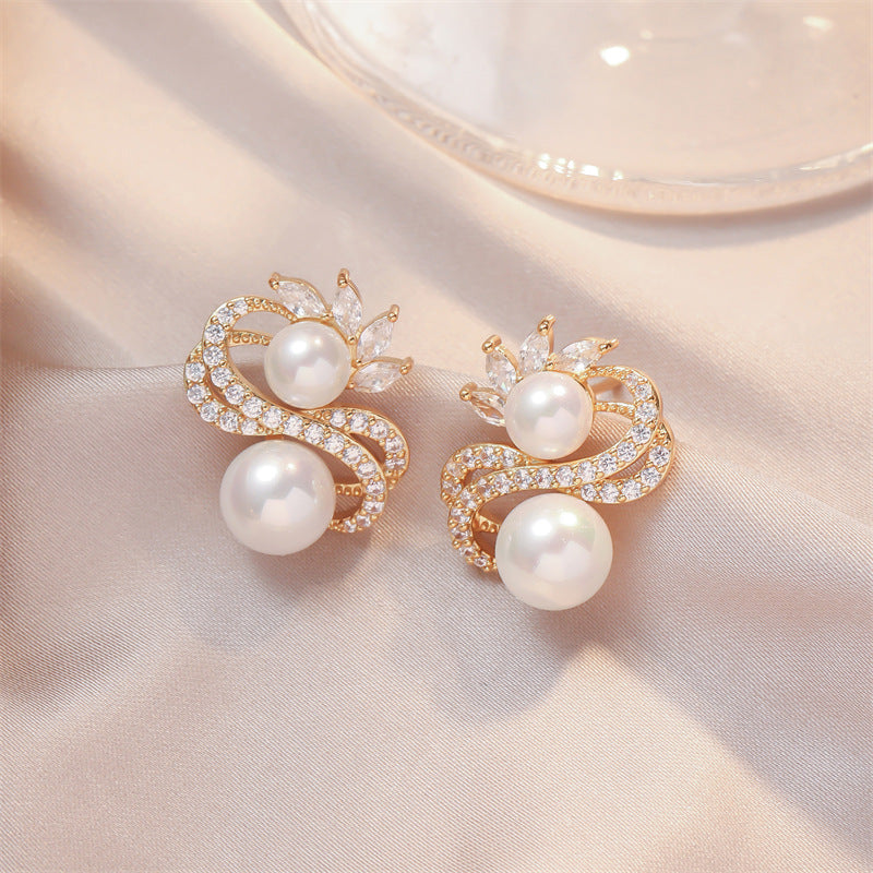 S-Shaped Pearl Drop Earrings with Zircon, Silver Needle