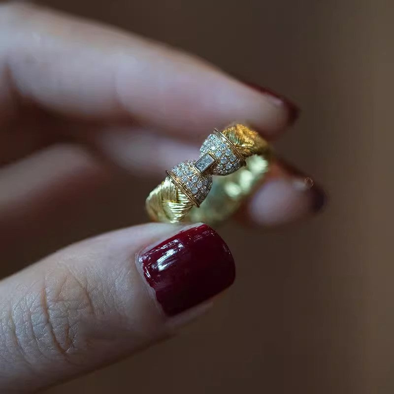 Brushed Bow Diamond-Studded Ring