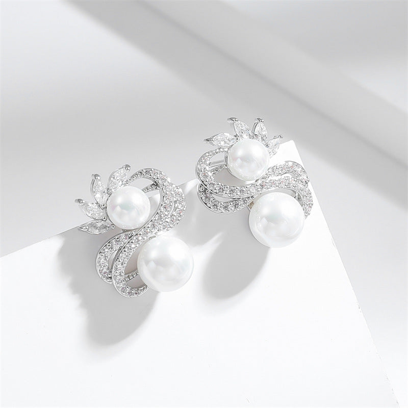 S-Shaped Pearl Drop Earrings with Zircon, Silver Needle