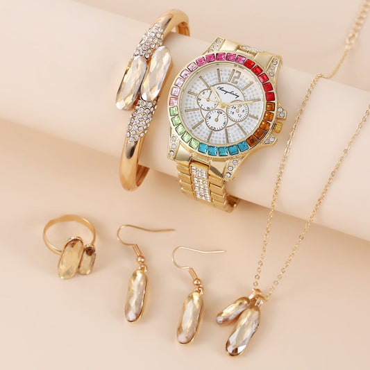 Green Steel Belt Quartz Watch, Ring, Necklace, and Earrings, Suit