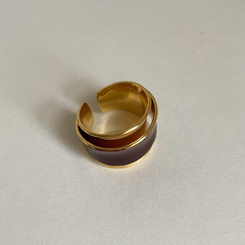 Maillard Style Double-Layer Open Ring – Chocolate Drip Enamel Metal Design