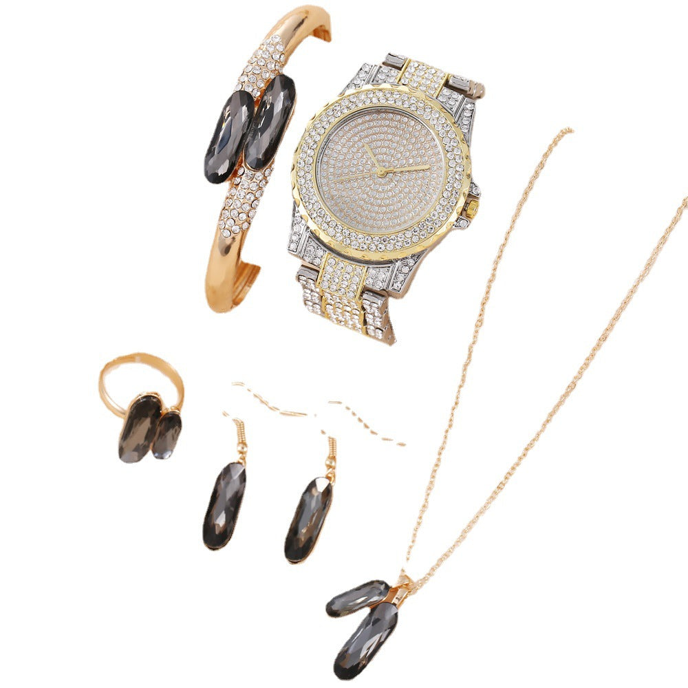 Green Steel Belt Quartz Watch, Ring, Necklace, and Earrings, Suit