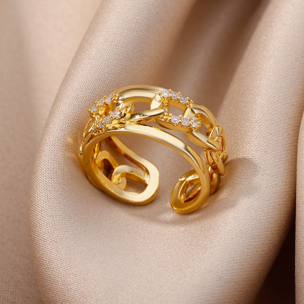 18K Gold-Plated Full Diamond Open Ring — Colorfast Titanium Steel