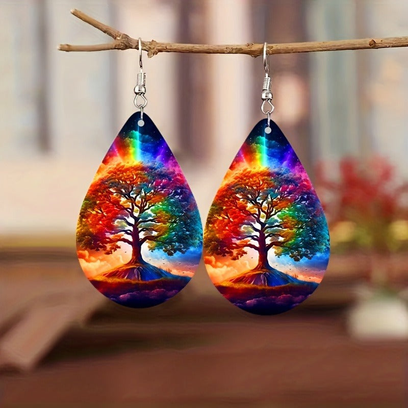 Double-sided Pattern Green Weeping Willow Wooden Water Drop Earrings