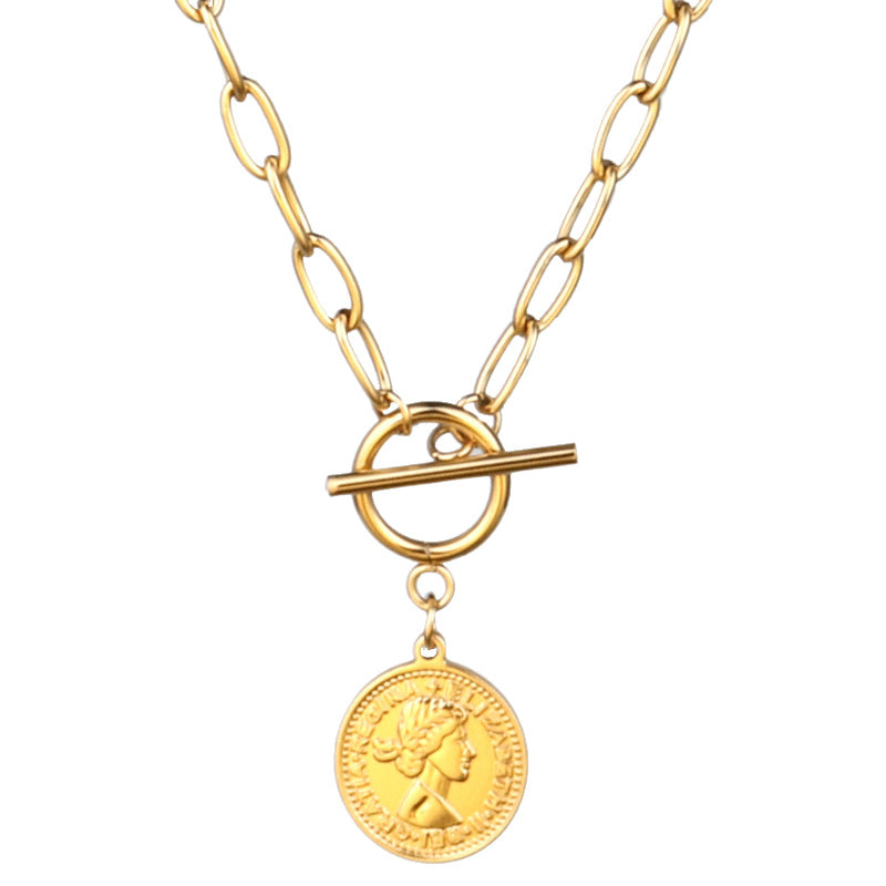 Women's Coin Necklace – Round Beauty Head Pendant with OT Buckle Clavicle Chain
