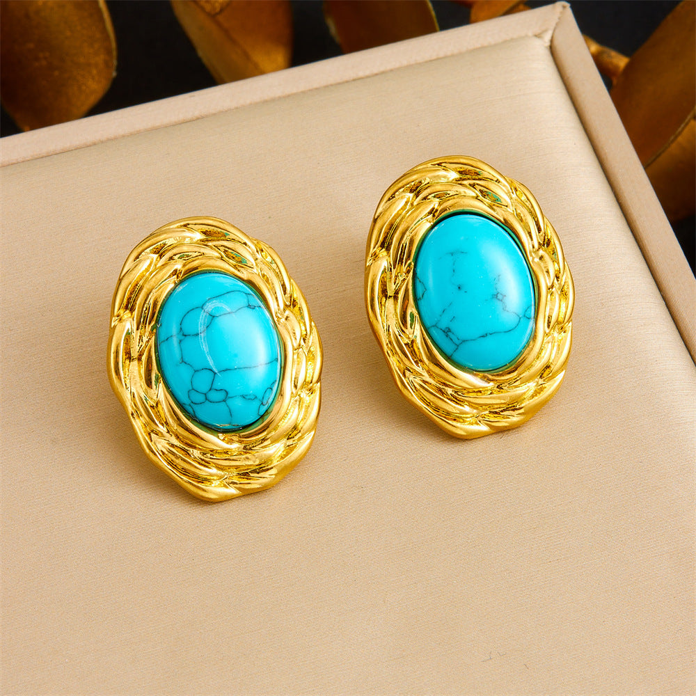 French Retro Simulated Turquoise Jewelry Set – Necklace, Earrings & Ring