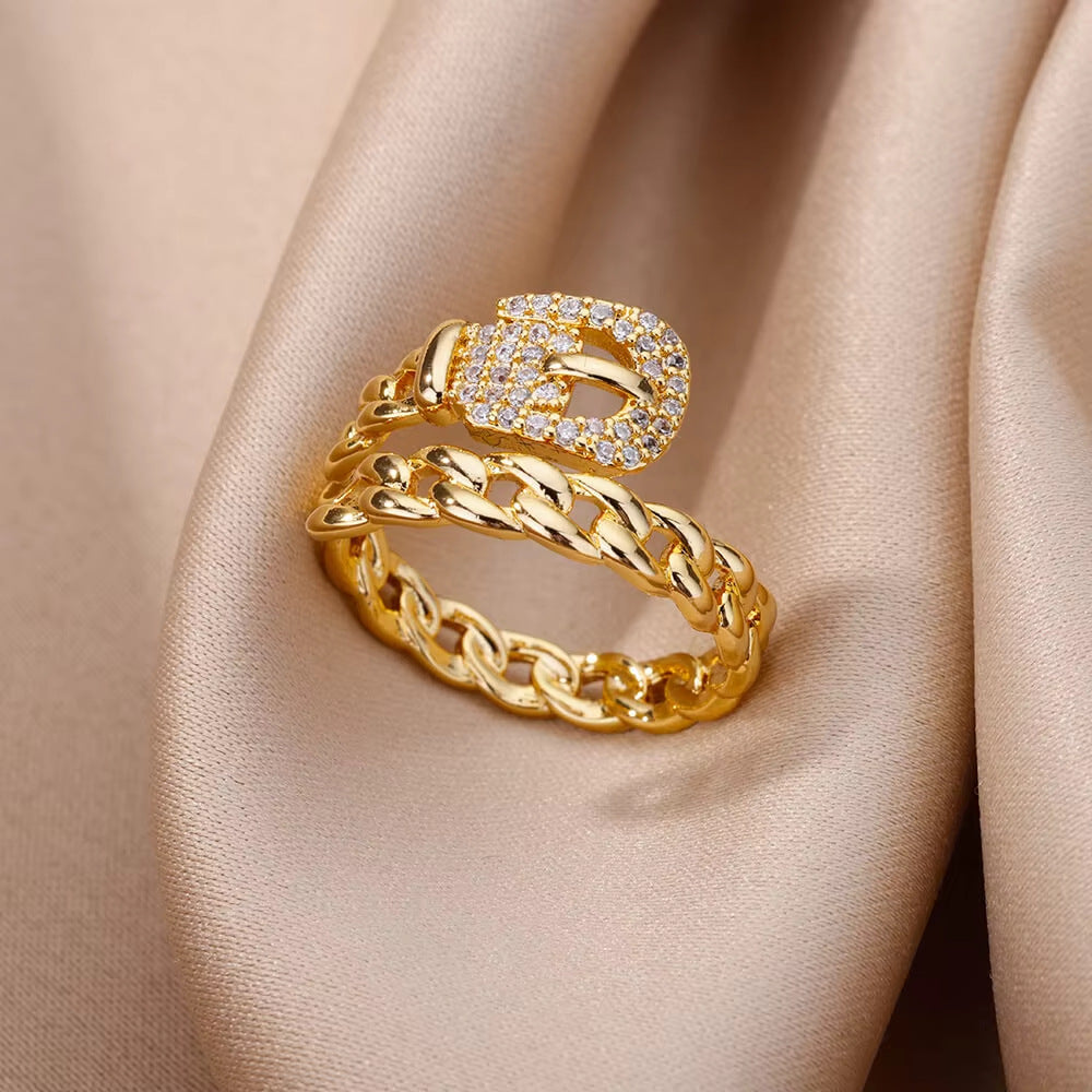 18K Gold-Plated Full Diamond Open Ring — Colorfast Titanium Steel