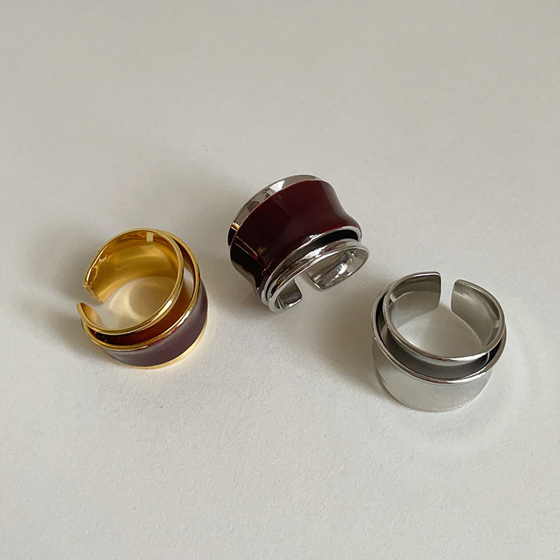 Maillard Style Double-Layer Open Ring – Chocolate Drip Enamel Metal Design