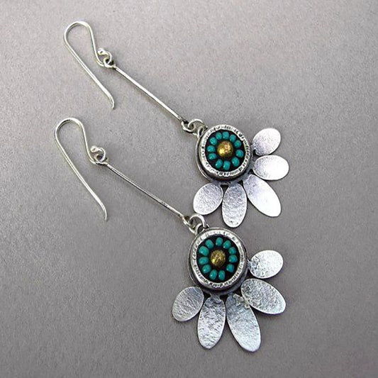 Vintage Two-Tone Oval Petal Ball Bead Long Earrings, Elegant Statement Jewelry