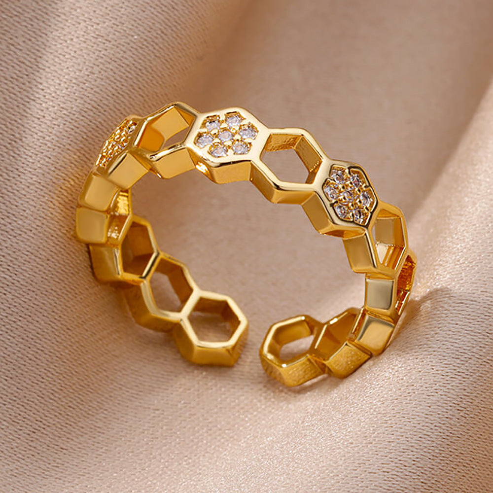 18K Gold-Plated Full Diamond Open Ring — Colorfast Titanium Steel