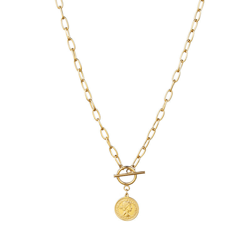 Women's Coin Necklace – Round Beauty Head Pendant with OT Buckle Clavicle Chain