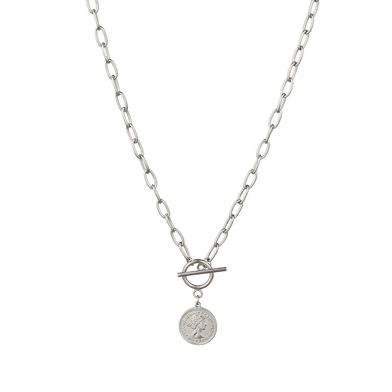 Women's Coin Necklace – Round Beauty Head Pendant with OT Buckle Clavicle Chain