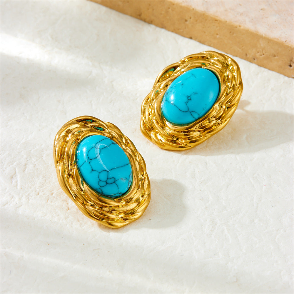 French Retro Simulated Turquoise Jewelry Set – Necklace, Earrings & Ring