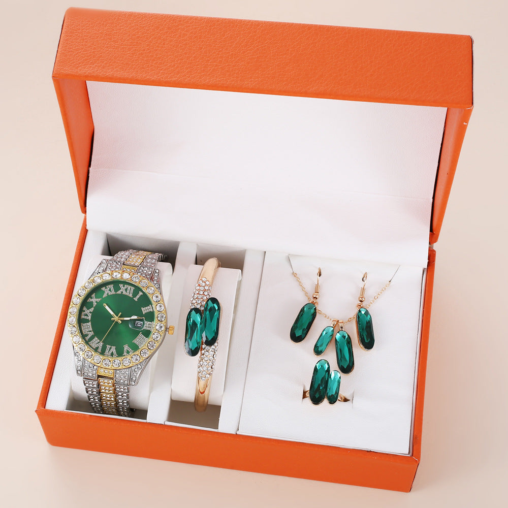 Green Steel Belt Quartz Watch, Ring, Necklace, and Earrings, Suit