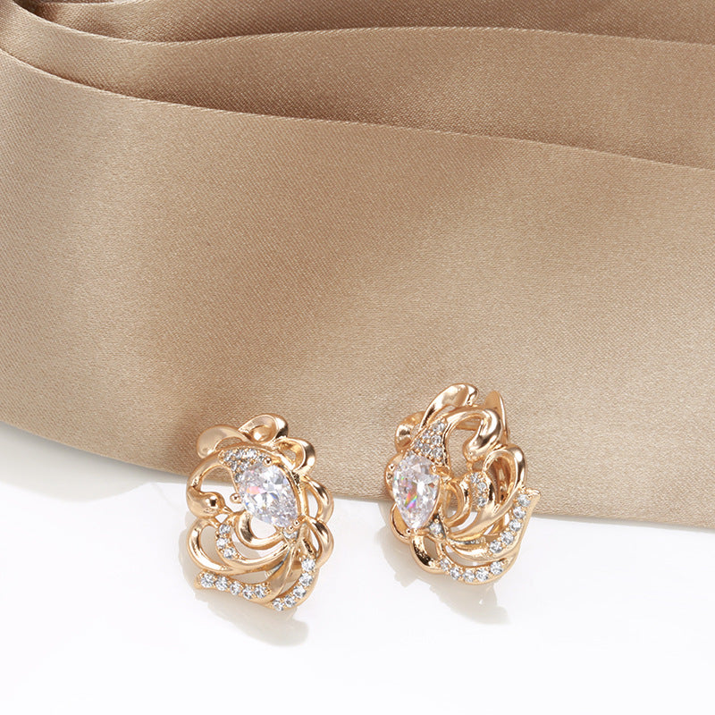 Rose Gold Carved Water Drop Zircon Ear Clips