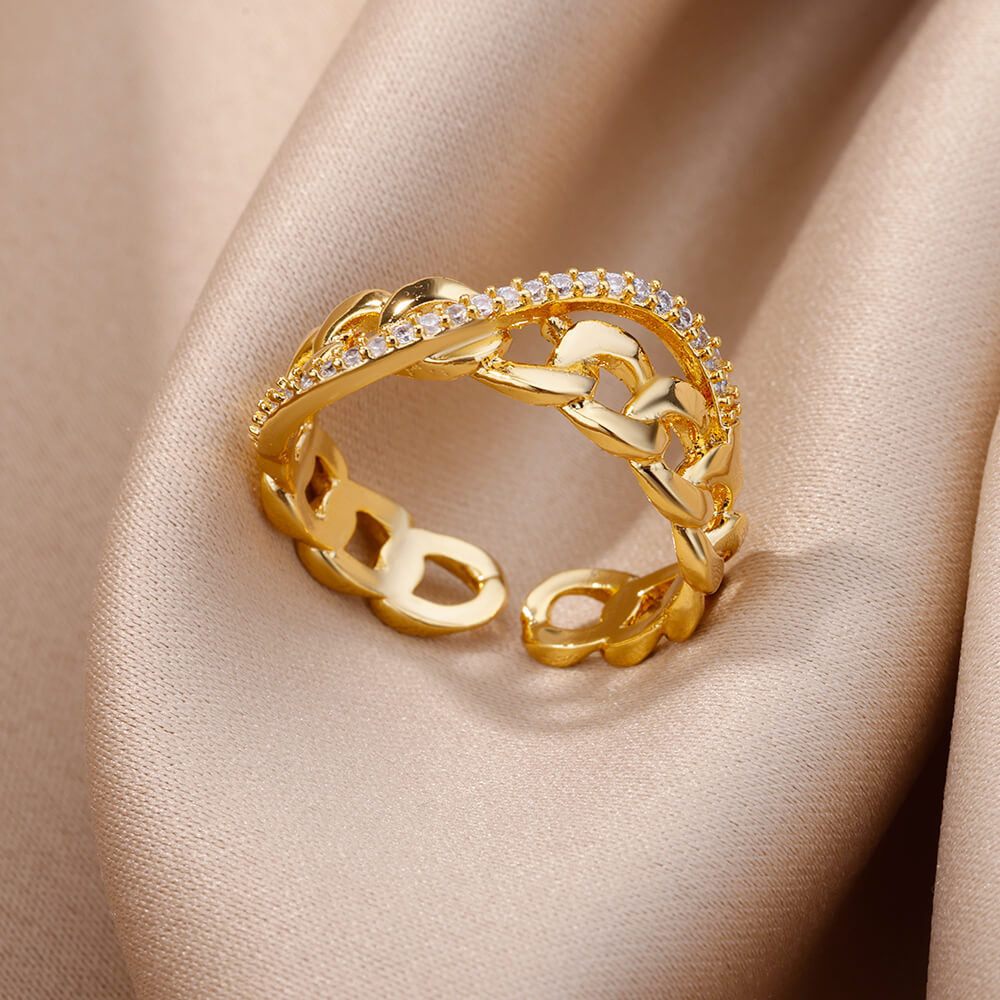 18K Gold-Plated Full Diamond Open Ring — Colorfast Titanium Steel