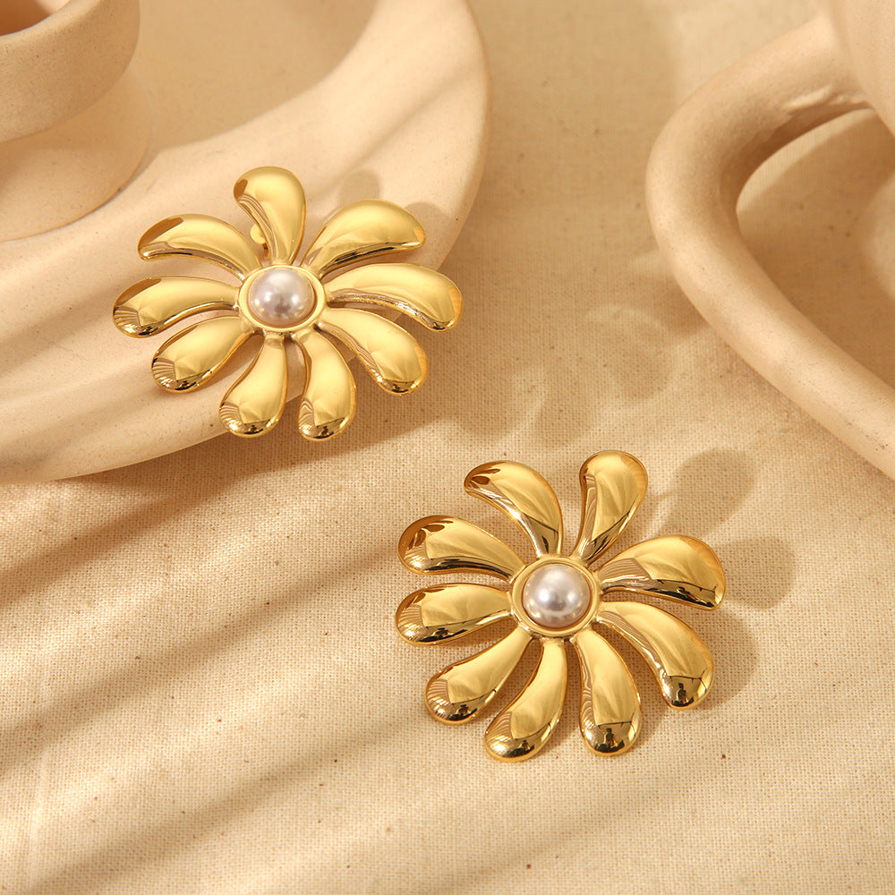 European & American INS Style Sunflower Pearl Necklace & Earrings Set – Fine Cast Stainless Steel Jewelry