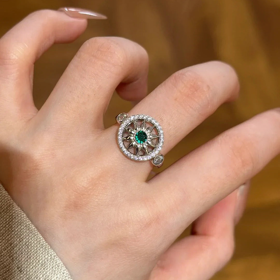 Emerald Micro-Inlaid Zircon Vintage Open-End Ring