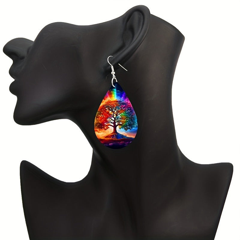 Double-sided Pattern Green Weeping Willow Wooden Water Drop Earrings