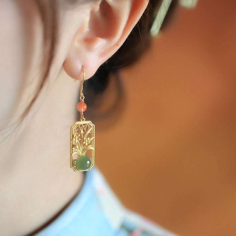 Sterling Silver Retro Earrings with Ancient Gold Inlay & Hetian Jade – National Fashion Style